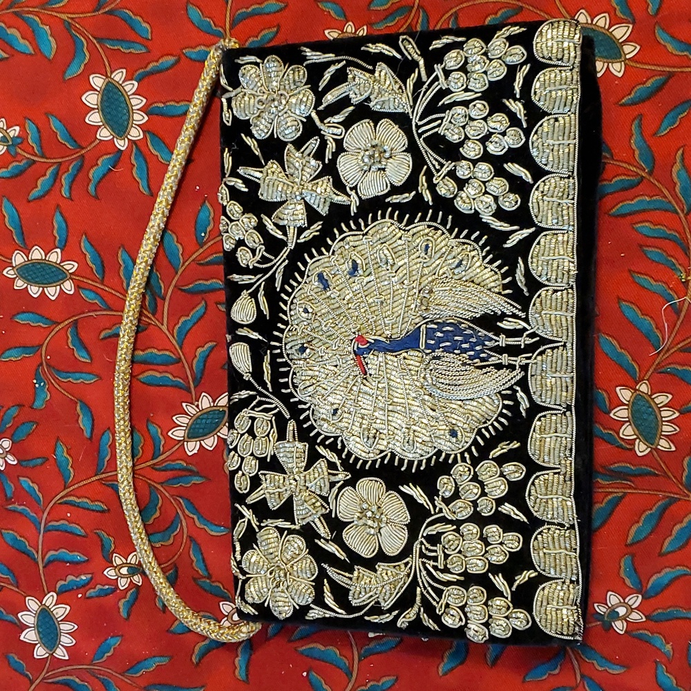 Vintage Peacock Metallic Embroidered Black Velvet Clutch